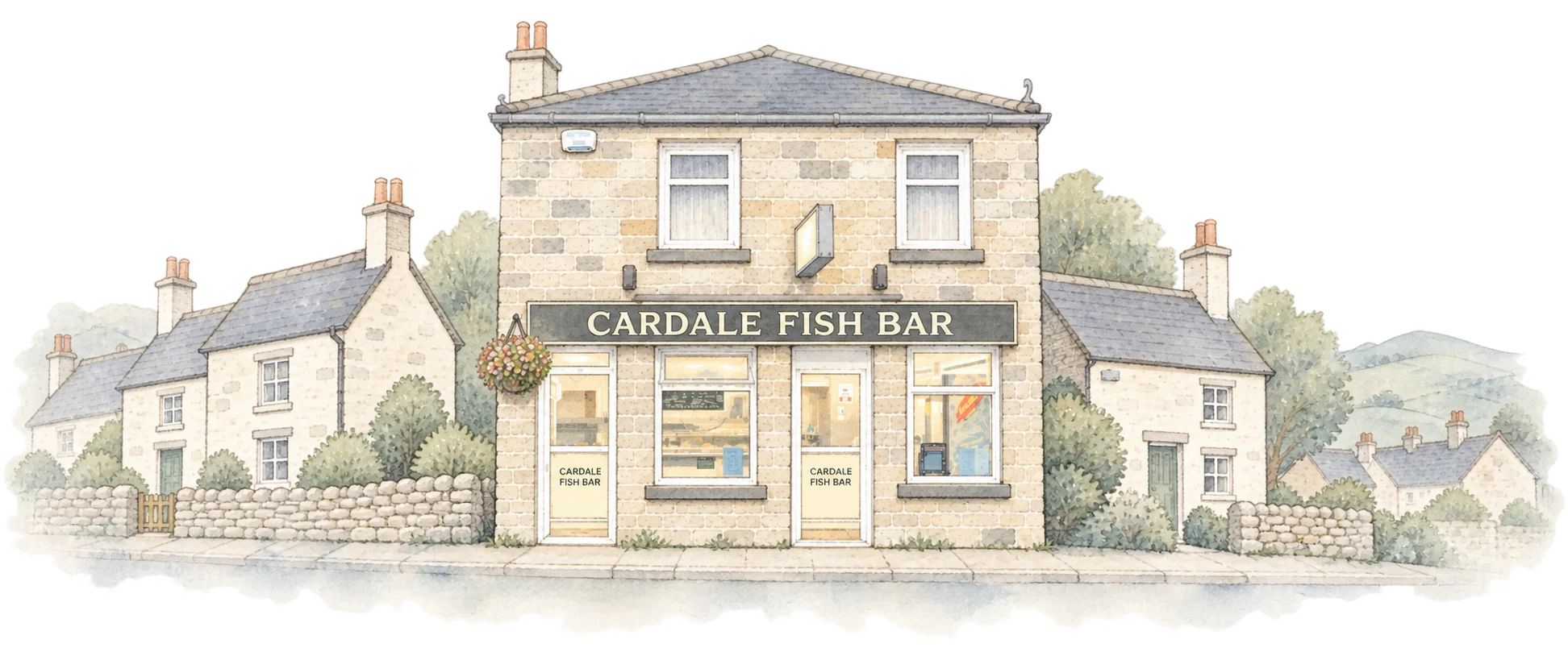 Illustration of Cardale Fish Bar on Market Place, Crich, between stone cottages with the hills behind